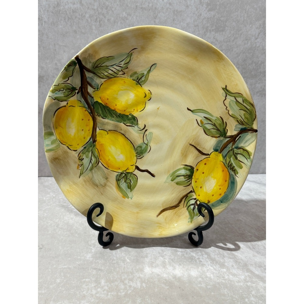 Maxcera Watercolor Lemon Ceramic Dinner Plate Wavy Scalloped Rim Farmhouse 11in